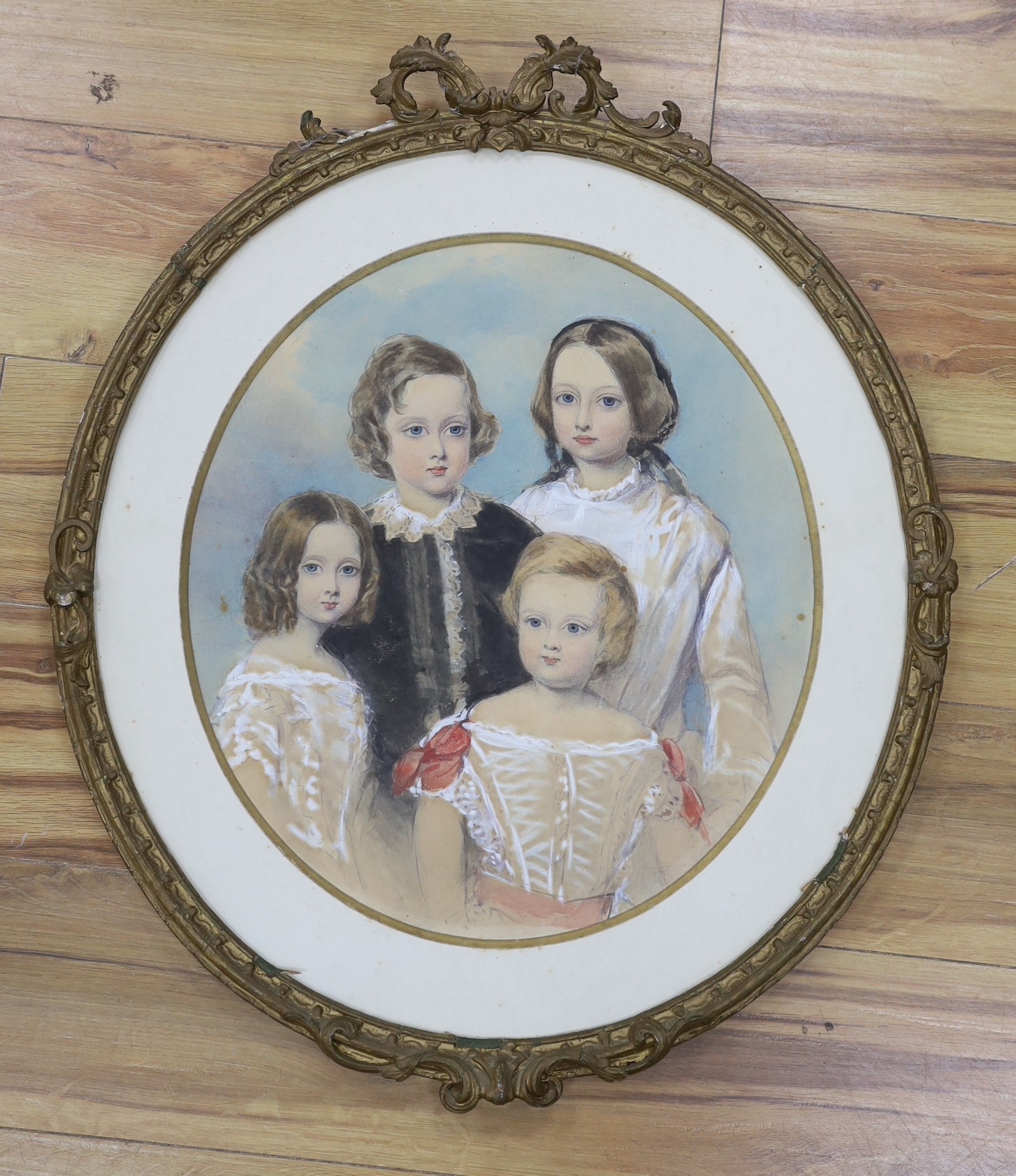 Victorian School, watercolour, Portrait of the children of Oliver and Isabella Walford, oval, 44 x 39cm